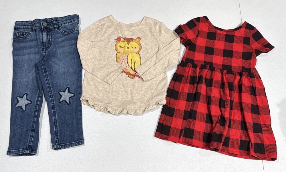 Girls Clothes 2T Cat&Jack Buffalo Plaid Dress, Okie Dokie Jeans Garanimals Shirt